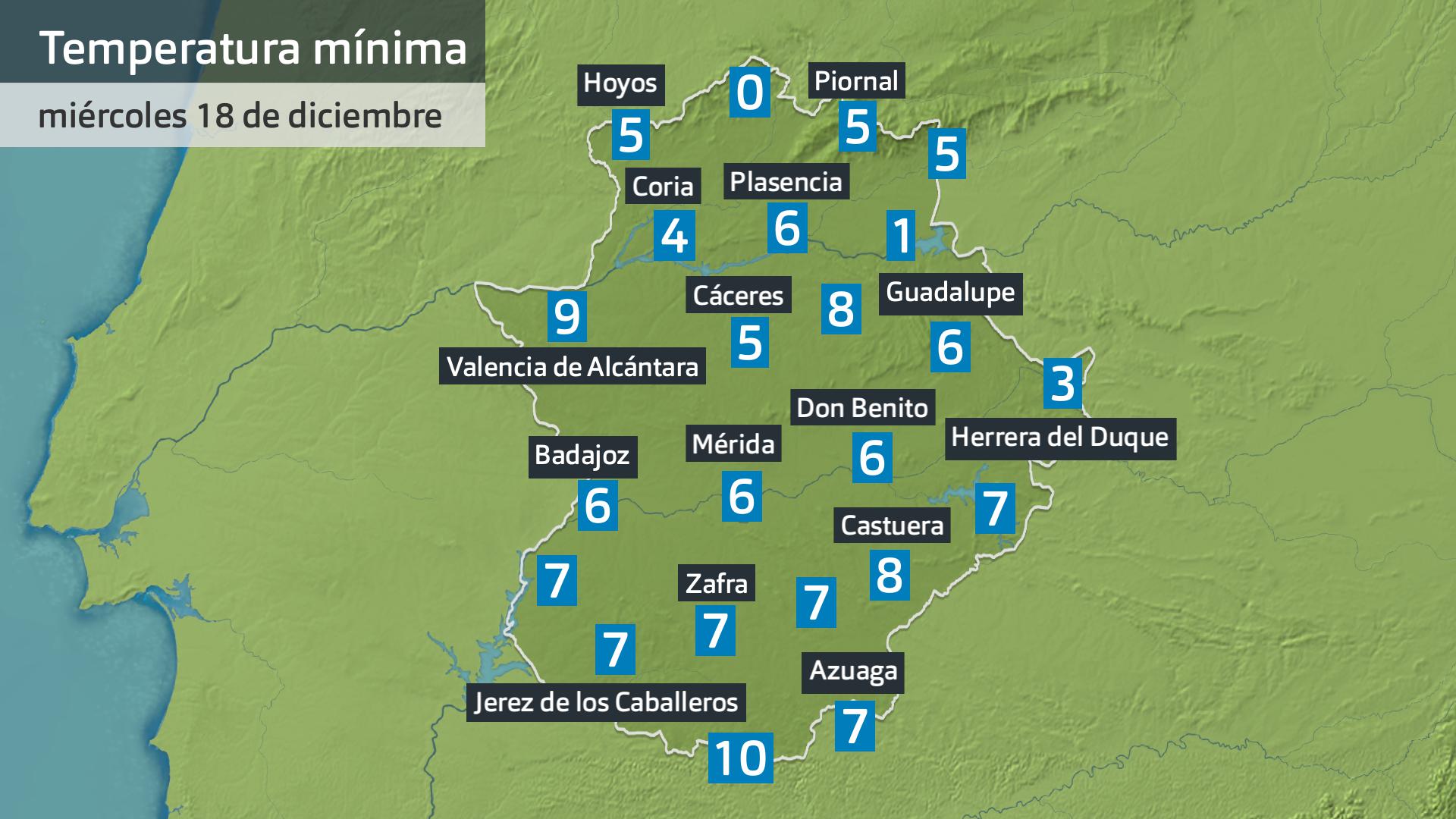 Temperatura mínima miércoles 18 de diciembre. Datos hasta las 6:45 h. Aemet, Meteoclimatic et al.