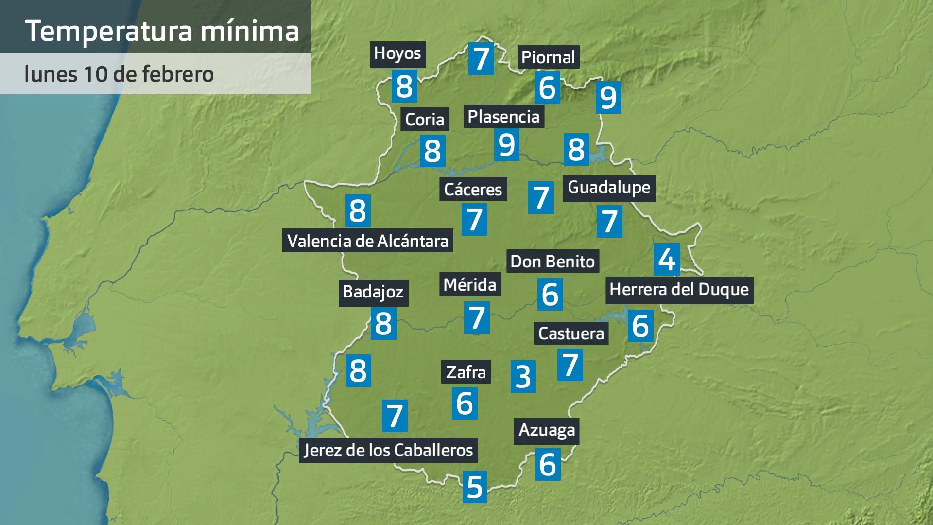 Temperatura mínima lunes 10 de febrero. Datos hasta las 6:30 h. Aemet, Meteoclimatic et al.