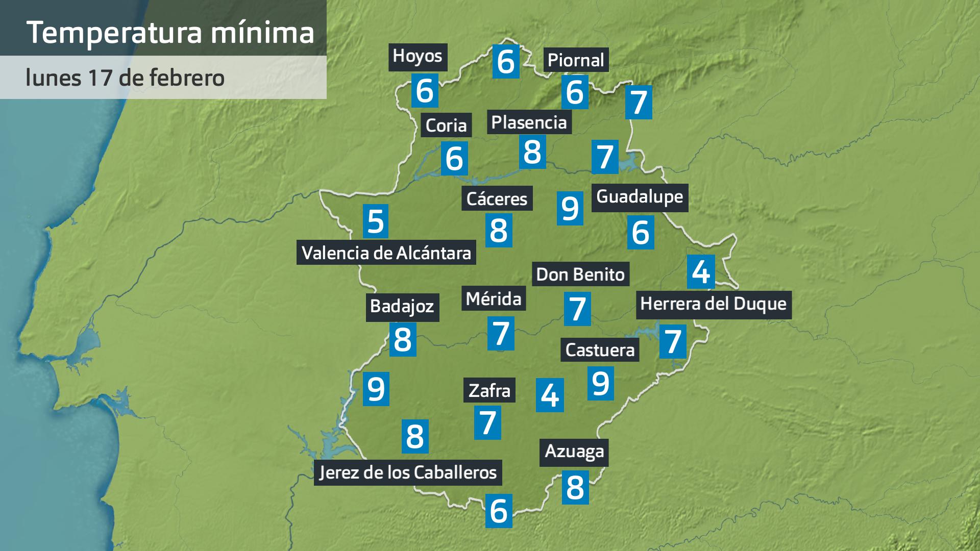 Temperatura mínima lunes 17 de febrero. Datos hasta las 6:30 h. Aemet, Meteoclimatic et al.