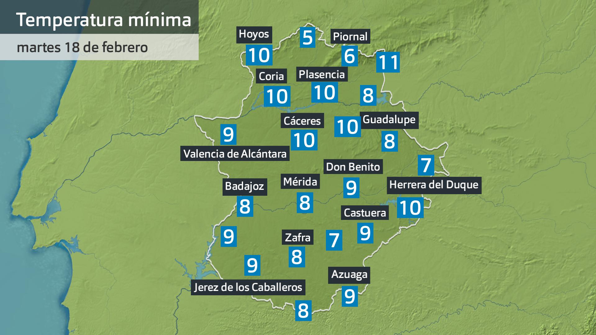 Temperatura mínima martes 18 de febrero. Datos hasta las 6:30 h. Aemet, Meteoclimatic et al.