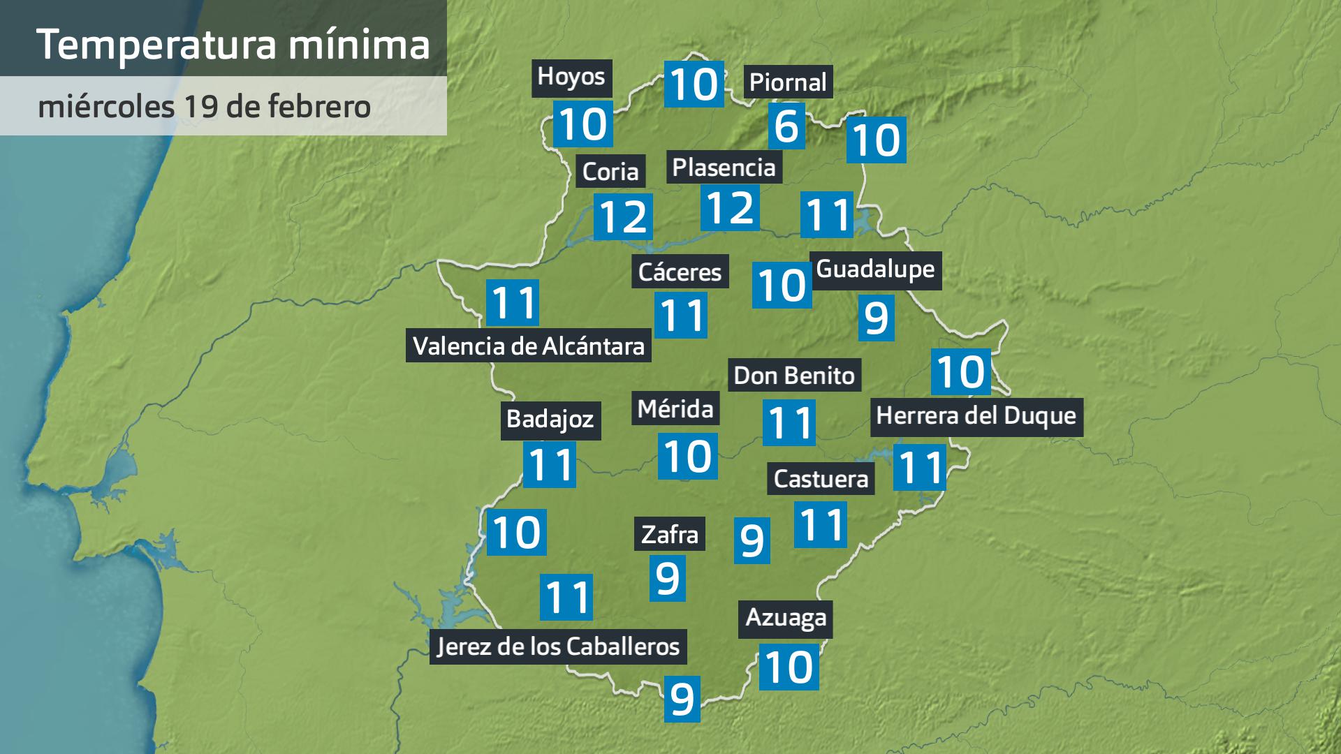 Temperatura mínima miércoles 19 de febrero. Datos hasta las 6:30 h. Aemet, Meteoclimatic et al.