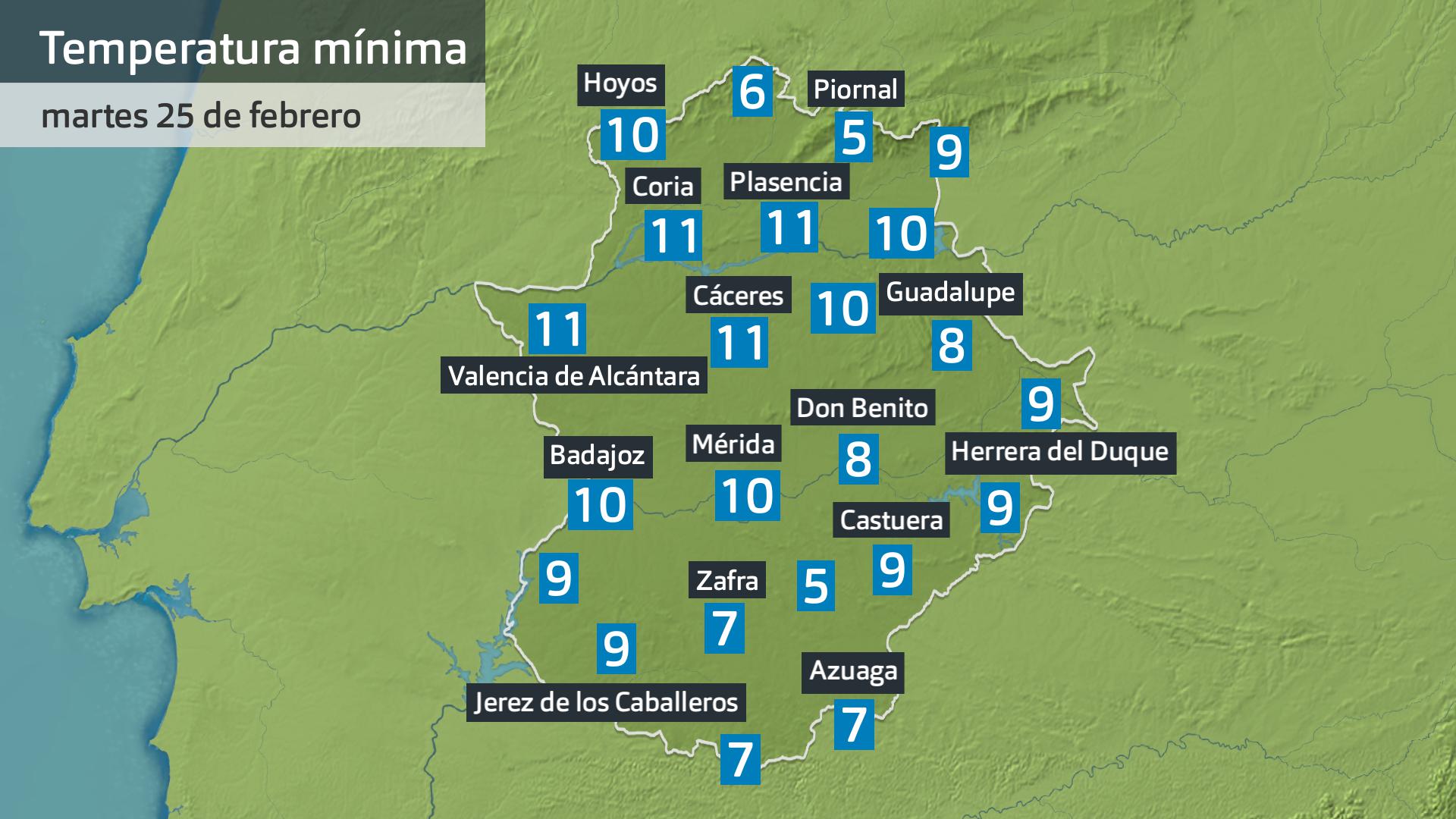 Temperaturamínima martes 25 de febrero. Datos hasta las 6:30 h. Aemet, Meteoclimatic et al.