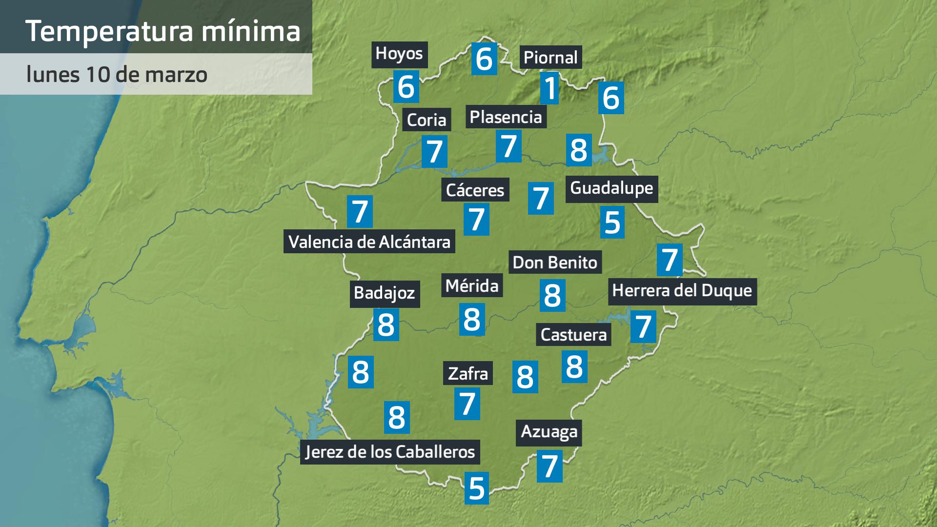 Temperatura mínima lunes 10 de marzo. Datos hasta las 6:30 h. Aemet, Meteoclimatic et al.