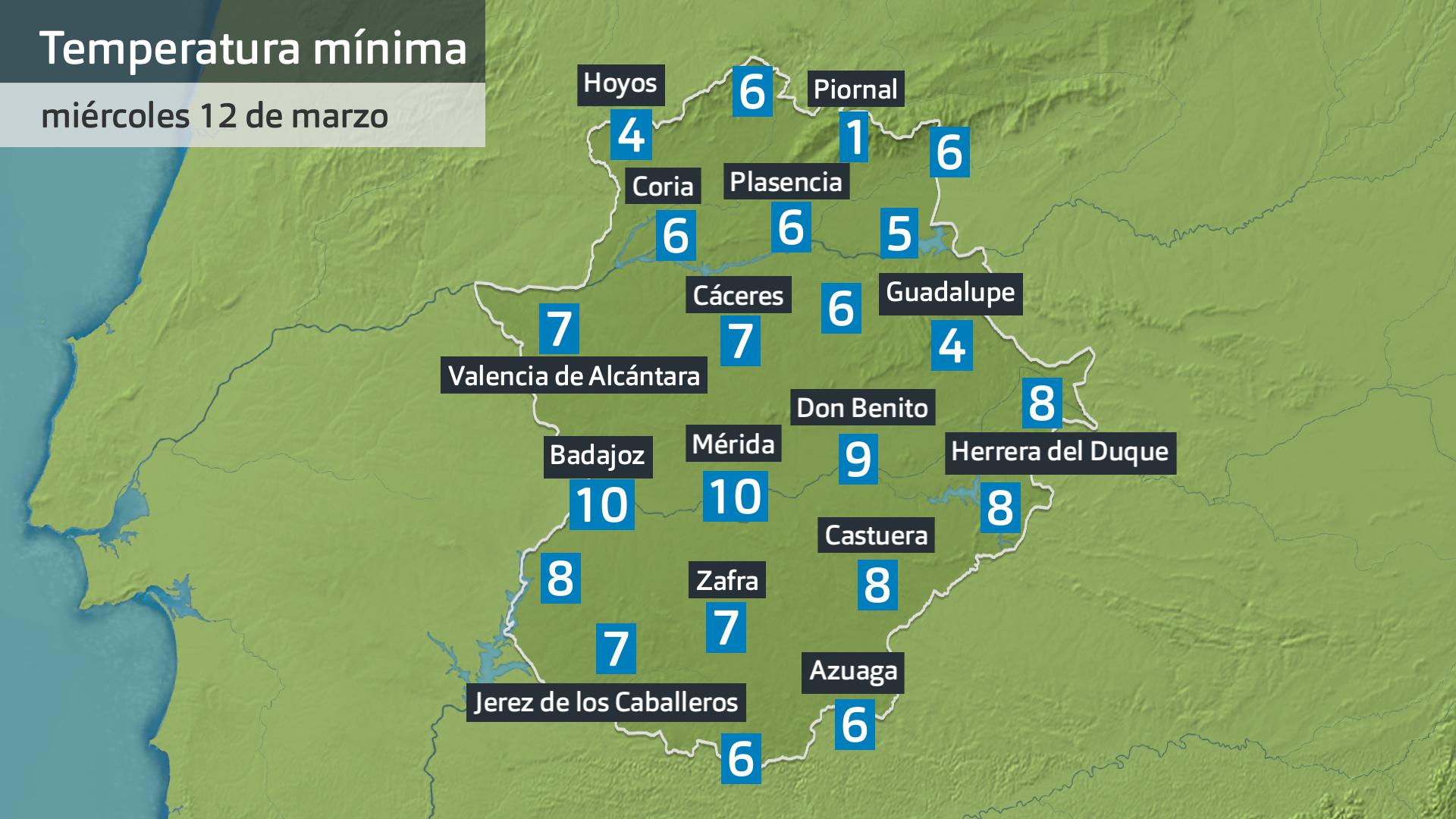 Temperatura mínima miércoles 12 de marzo. Datos hasta las 6:30 h. Aemet, Meteoclimatic et al.