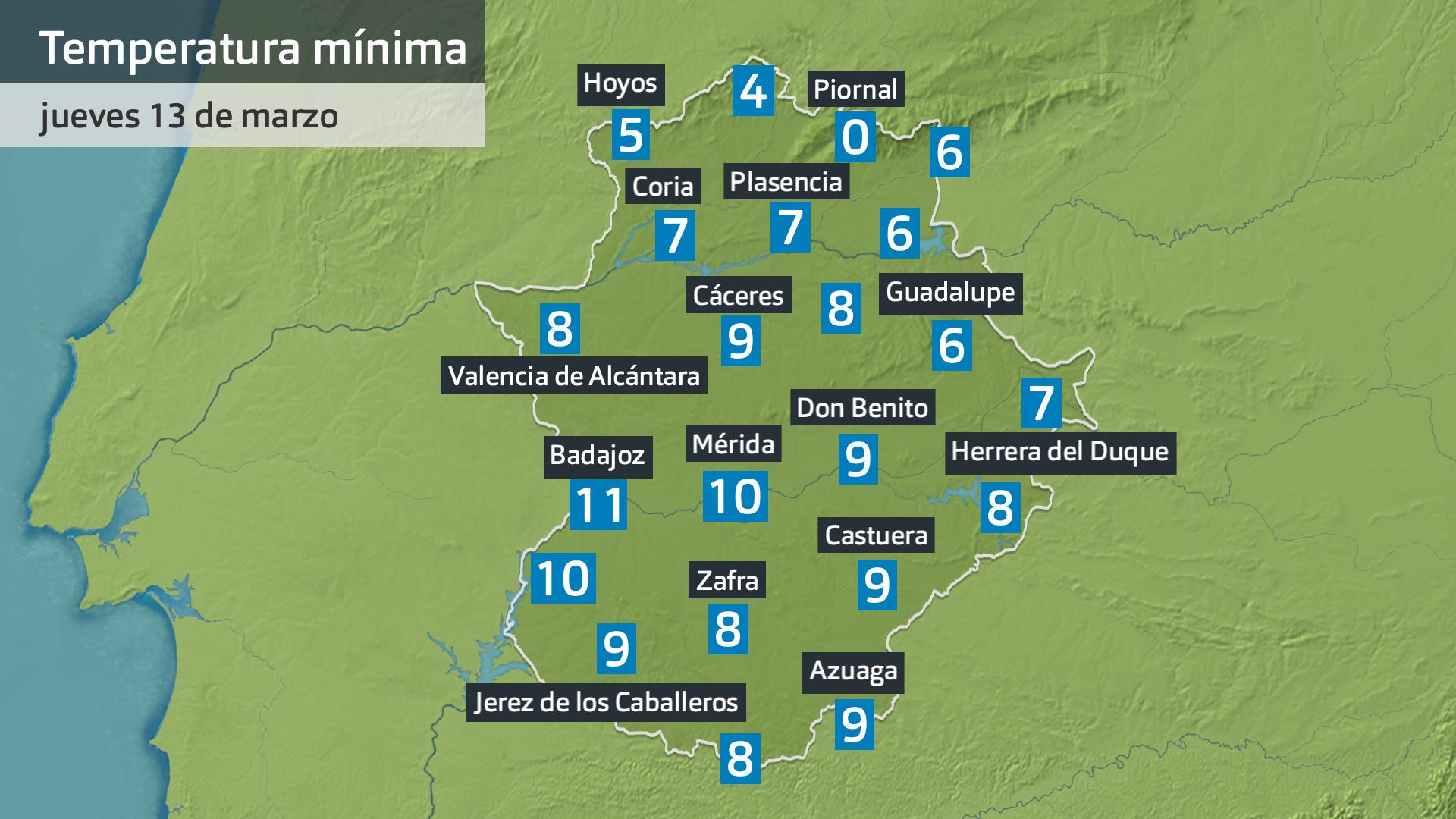 Temperatura mínima jueves 13 de marzo. Datos hasta as 6:30 h. Aemet, Meteoclimatic et al.