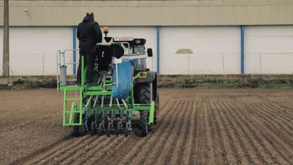 Máquina agrícola en un campo de multiplicación de semillas