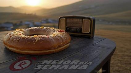 Roscón en una mesa con radio antigua