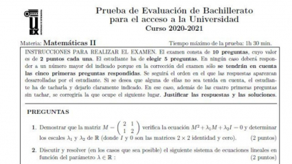 Fragmento del examen de Matemáticas II de la EBAU en Extremadura