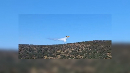 Hidroavión soltando agua sobre el incendio de Calzadilla