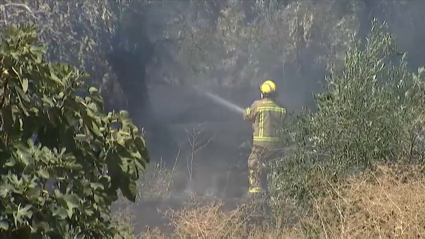 Bombero apagando incendio con una manguera