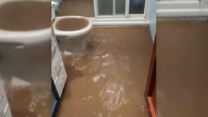 Cuarto de baño de la casa inundada en Alange.