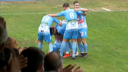 Los jugadores del Coria celebrando el segundo gol ante Las Palmas Atlético