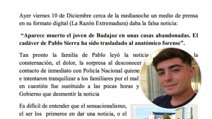 Fragmento del comunicado de la familia de Pablo Sierra