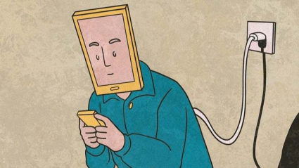 Ilustración de una persona con cabeza en forma de pantalla mirando un móvil y enchufado a la pared.