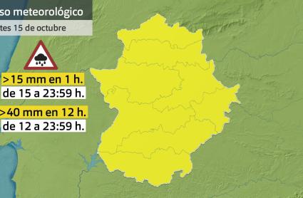 Mapa de avisos meteorológicos para el martes 15 de octubre