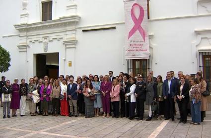 Fachada de la Asamblea de Extremadura con el lazo rosa contra el cáncer de mama