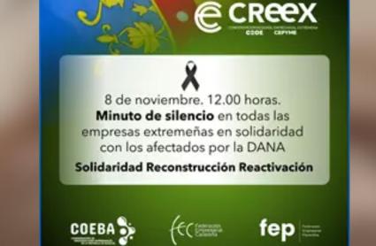 La Creex pide que se guarde un minuto de silencio en las empresas extremeñas este viernes ante los efectos de la DANA