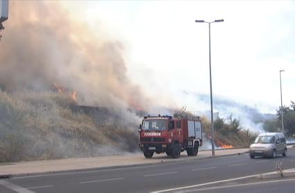 Incendio de pastos en la ladera de la Alcazaba pacense.