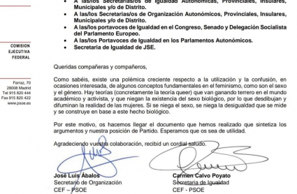 Argumentario enviado por el PSOE a sus Secretarías de Igualdad