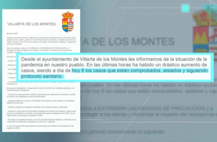 Bando informativo del Ayuntamiento de Villarta de los Montes informando sobre los nuevos contagios