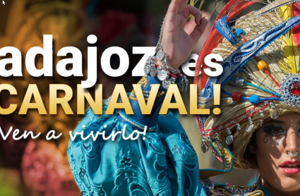 Portada de la web oficial del Carnaval de Badajoz. Se lee: "Badajoz es Carnaval. Ven a vivirlo"