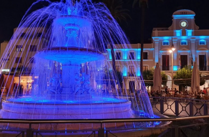 Fuente iluminada con los colores del Huntington