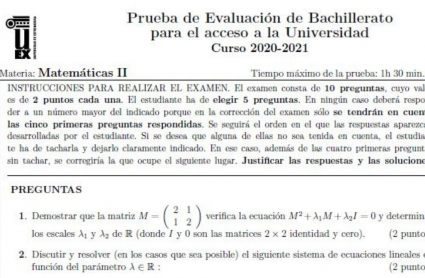 Fragmento del examen de Matemáticas II de la EBAU en Extremadura