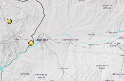 Ubicación de los terremotos cerca de Badajoz