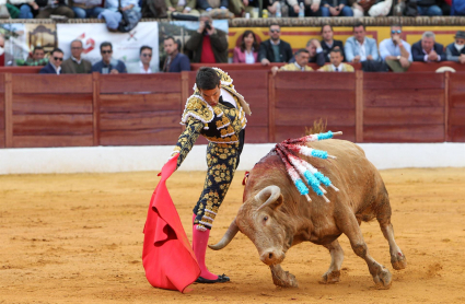 El diestro José M.ª Manzanares en la lidia de su primer toro de la ganadería de Núñez del Cuvillo, hoy domingo en la Feria de Olivenza 2022 en su 31 edición.