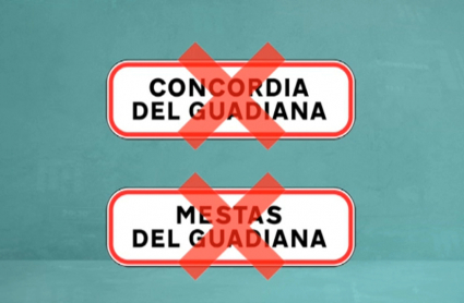 Grafismo con los nombres Concordia del Guadiana y Mestas del Guadiana tachados