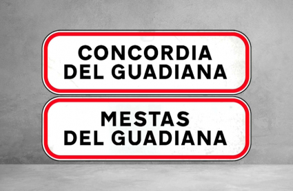 Grafismo con los nombres de las dos propuestas para el nuevo nombre de Don Benito y Villanueva tras la fusión: Concordia del Guadiana o Mestas del Guadiana