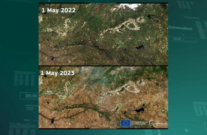 Imágenes del Satélico Copernicus de la zona de Coria con un año de diferencia